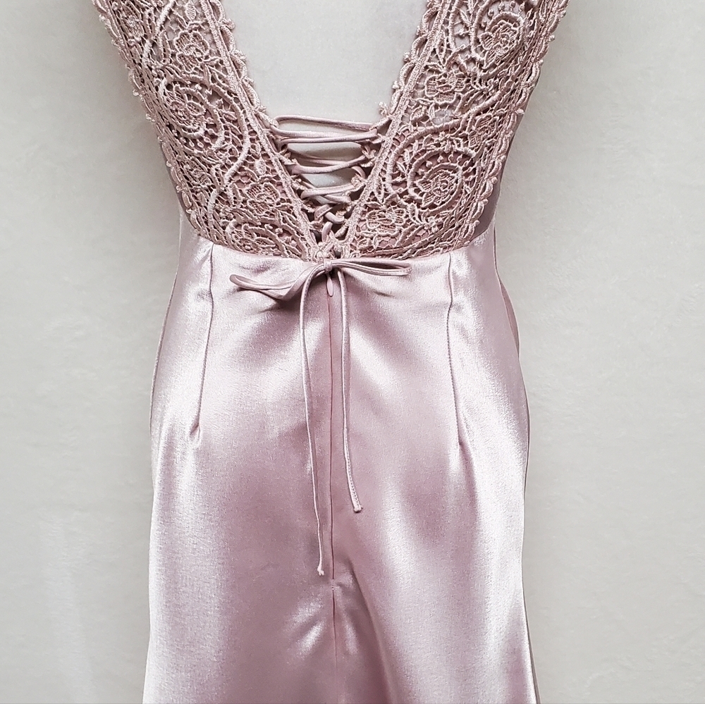 VINTAGE 90s 1001 Nights Blush Pink Satin Crochet Panel Lace-up Back Maxi Dress 6 - Picture 13 of 16